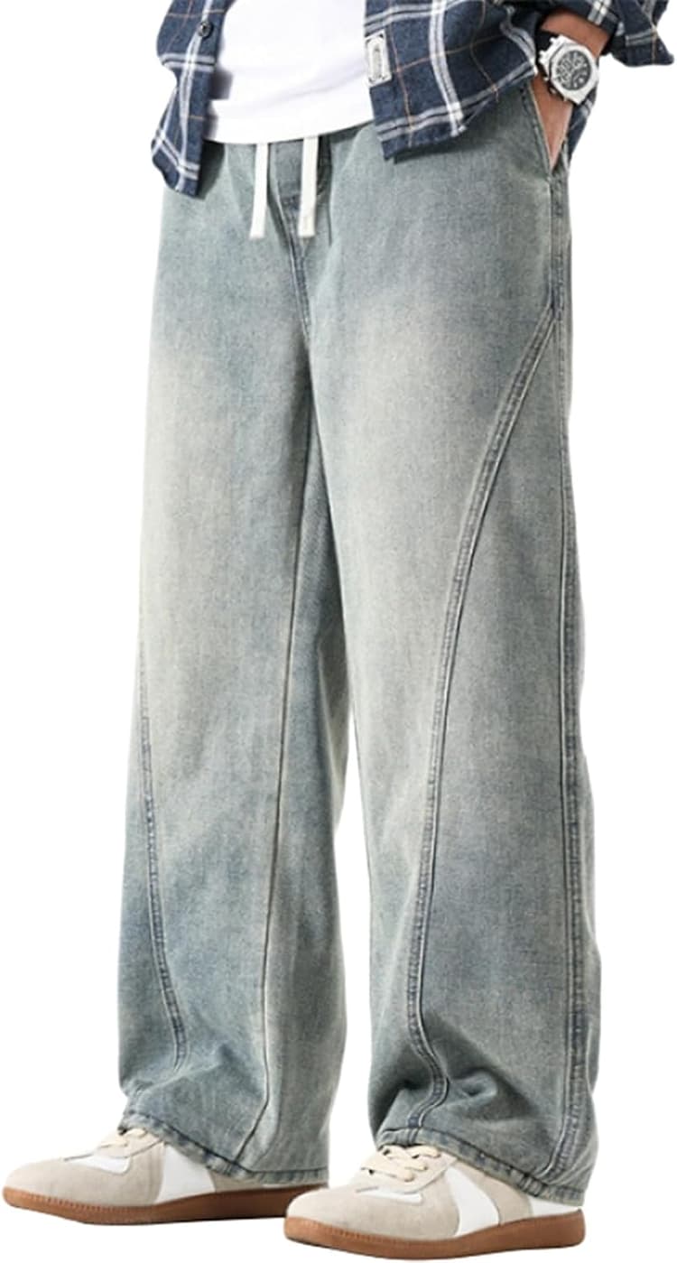 Jean Homme Baggy Taille Elastique Pantalon Cargo avec 4 Poches Décontracté Y2K Jeans Coupe Droite Loose Fit Pantalon de Travail Jambe Large Denim Pantalons Streetwear