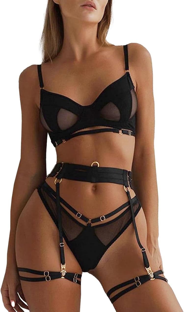 Rayson Ensemble de Lingerie Sexy Femme Ajourés avec Porte-Jarretelles, Soutien-Gorge et Culotte avec Poignets sur Les Cuisses