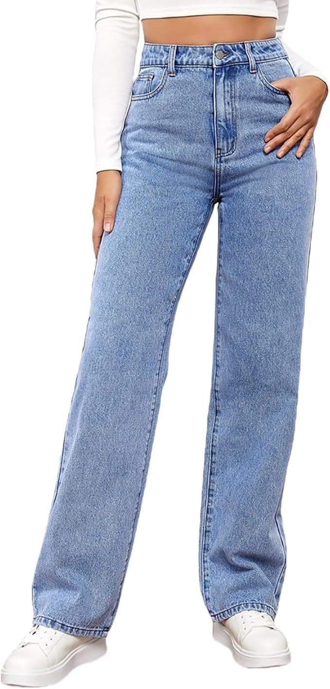 Jean Femme Taille Haute Coupe Droite Straight Jeans Baggy Jambes Larges amincissantes avec Tous Les Pantalon Automne Hiver Elastique Classique en Denim Jean Coupe
