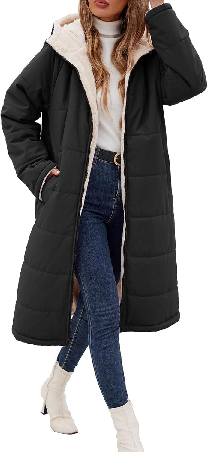 Womens Winter Coat Long Coats Sherpa Fleece Quilted Puffer Jackets with Hood Zip Warm Thicken Outwear