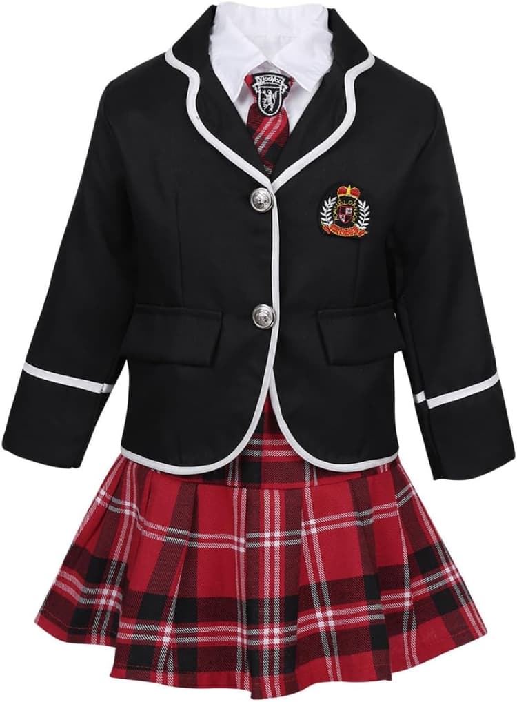Enfants Filles 4 Pièces Uniforme Scolaire à Manches Longues Blazer Veste avec Chemise Habillée Mini Jupe à Carreaux Cravate Ensemble 4-14 Ans