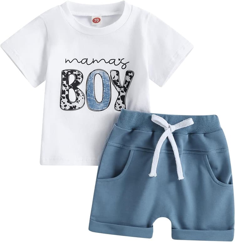 Carolilly Ensemble Vêtement Bébé Garçon Eté de 2 Pcs, T-Shirt à Manches Courtes Imprimé Lettres + Shorts Taille Elastique avec Poches