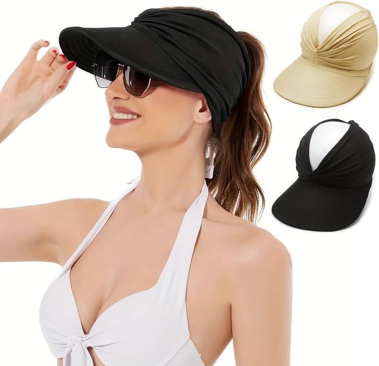 2 Pcs Casquette Visière Femme, Chapeau de Soleil Plage, Chapeau de Voyage Plage de Protection Solaire à Large Bord, Été No Top Mode Grande Visiere