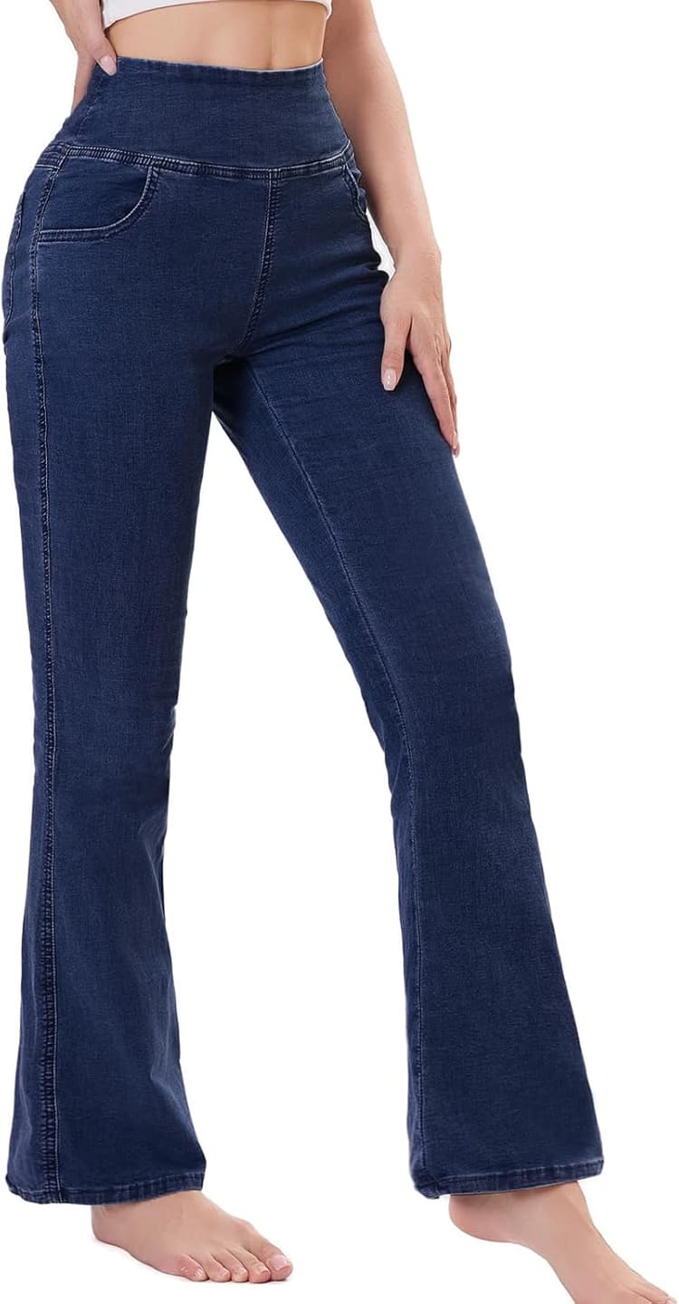 Jean Femme Taille Elastique, Jeggings Taille Haute Bootcut avec Poches Flared Mode Slim Pantalon Denim Leggings Évasé Jambe Large Stretch