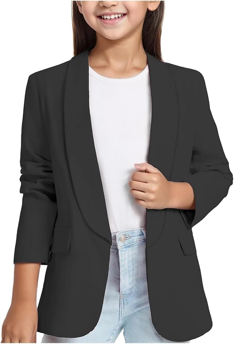 Blazer Fille Blazers à Manches Longues pour Filles Col ChâLe Veste De Costume Formelle avec Poche IntéRieure Printemps Elegant Manteau Enfant Veste Fille Couleur Unie 3-14 Ans