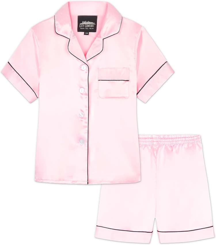 CityComfort Ensembles de Pyjama Fille et Ado Ensembles de Nuit d'Été Boutons Short Pyjama Satin Loungewear Set Vêtement de Nuit à Manche Courte