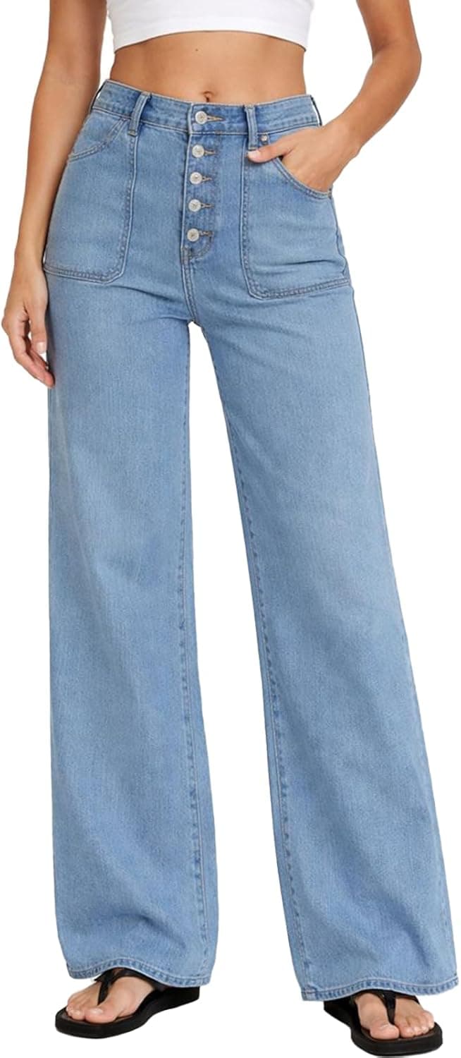MARIASHA Wide Leg Jeans for Women Straight Leg Stretchy Denim Trousers High Waisted Jean Pants
