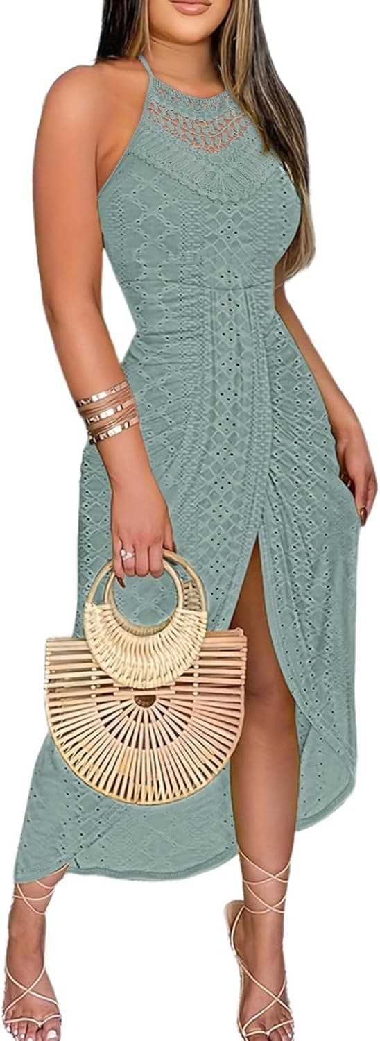 CHICME Womens Summer Halter Dress Hollow Out A Line Vacation Dresses with Eyelet Embroidery & Side Slit