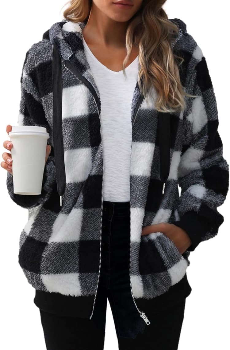 Veste à Capuche en Polaire pour Femme Veste Zippée en Polaire à Carreaux pour l'Hiver Manteau à Capuche Avec Poches