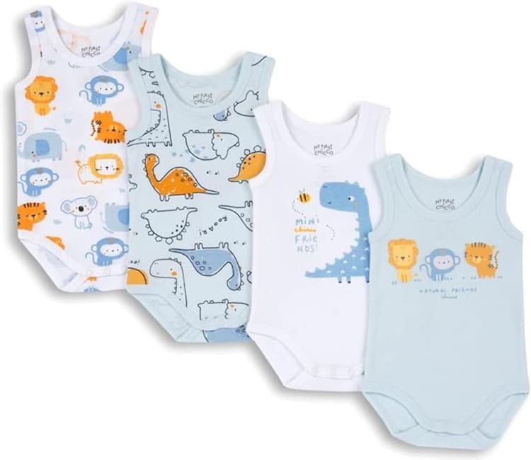 Chicco, Body Bébé Garçon, Lot de 4 Bodies sans Manches en 100% Coton avec Ouverture Pratique, Vêtements Bébé Garçon 0-3 Mois, Idée Cadeau Naissance