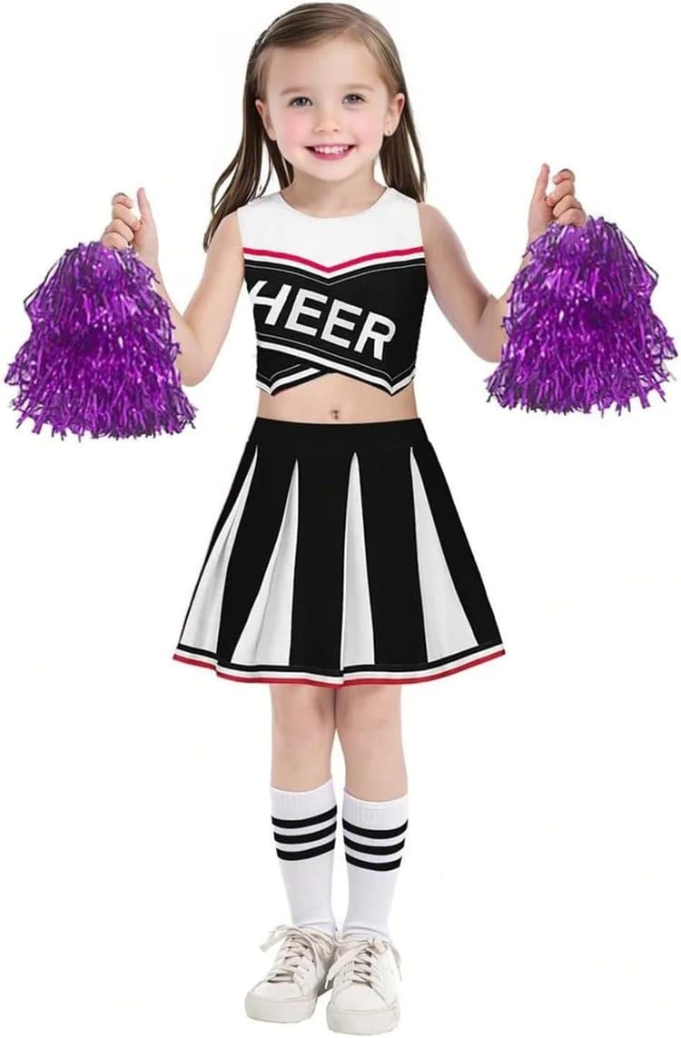 JiAmy Costume de pom-pom girl pour fille avec pompons et chaussettes, déguisement d'Halloween pour enfants, tenue de pom-pom girl musicale pour l'école, 4 à 12 ans