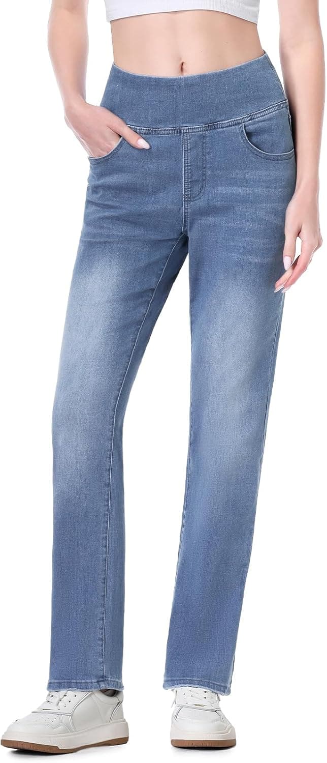 Straight Jean Femme, Pull on Jeggings Taille Haute et Jambes Droites avec Poches,Mode Slim Fit Pantalon Denim Leggings Large Stretch
