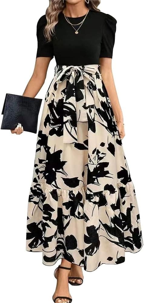 Robe Femme à Fleurs Manches Longues Col Rond Bodycon Chic et Élégante Boho Longue Casual Vacances Robes de Plage