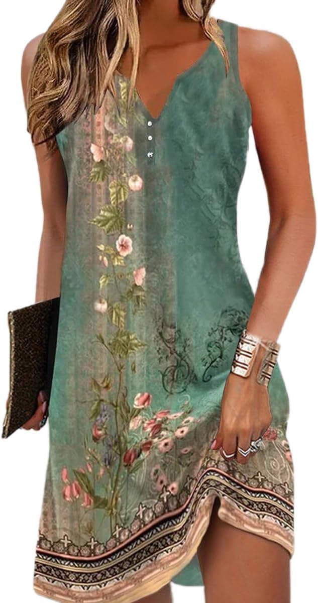 Yeenily Robe Décontractée à Manches Longues Femme Col Rond Bohème Fleurie MiniRobe Robe Imprimé Lâche Tunique Robe