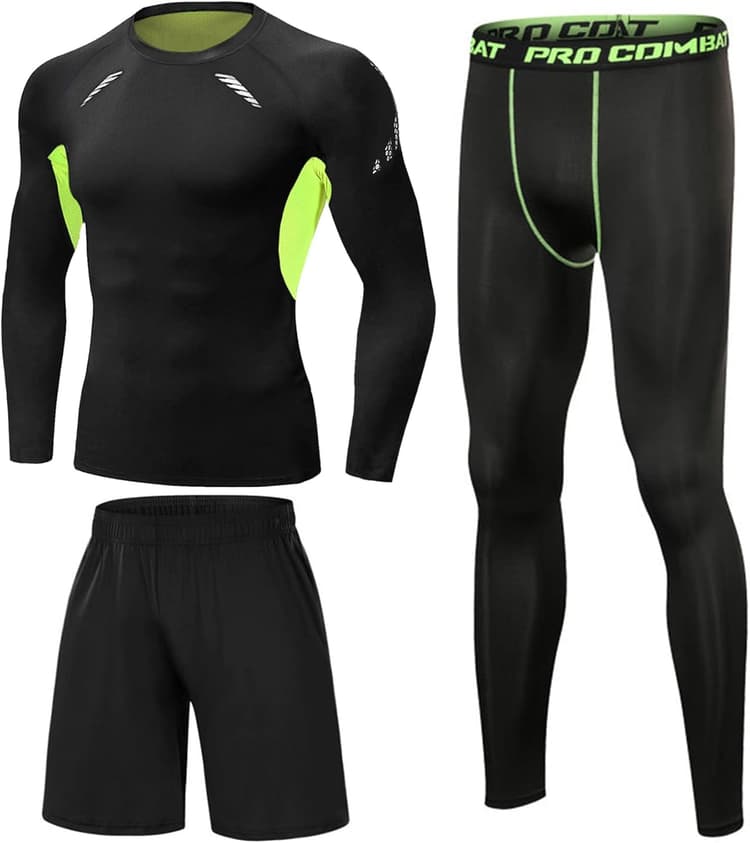 Ensemble Compression Homme 3 Pièces Tenue de Sport Homme T-Shirt Compression à Manches Longues + Legging Homme Sport + Shorts de Sport pour Running