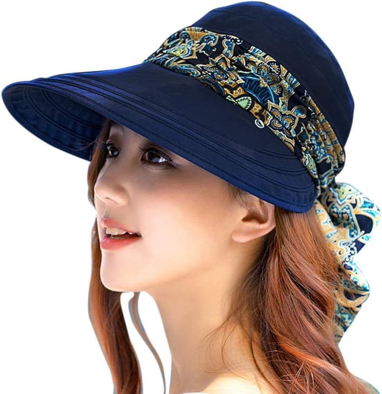 Femme Casquette Visière Large Bord Chapeau de Soleil Plage Voyage Eté Capeline de Camping Pêche Vélo Jardinage Pliable Protection Solaire Complète avec Foulard Protège-nuque Détachable UPF 50+ Anti-UV