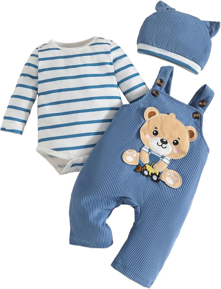 Vêtements Bébé Garçon Manches Longues Rayée Barboteuse+Salopette à Bretelles avec Animaux Mignons+Chapeau 3 Pièces Ensemble Tenue d'Automne
