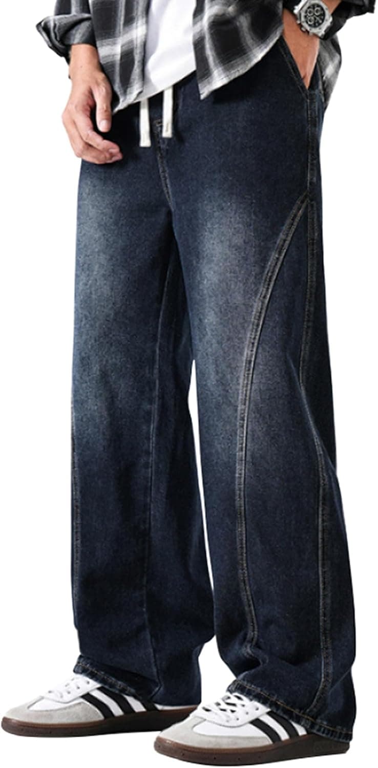Jean Homme Baggy Taille Elastique Pantalon Cargo avec 4 Poches Décontracté Y2K Jeans Coupe Droite Loose Fit Pantalon de Travail Jambe Large Denim Pantalons Streetwear