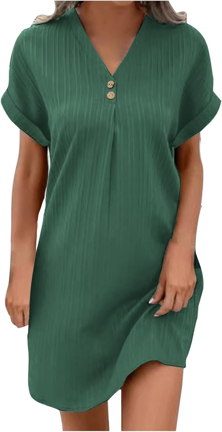 Robe Femme Ete Lin Coton Tunique Robe Manches Courtes Ample Casuel Couleur Unie Robes avec Boutons Col V Chic Elegant Robes De Plage Pas Cher Grandes Tailles Dress pour FêTe Vacances