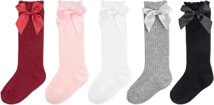 DRESHOW Chaussettes Hautes Pour Bébé Fille Chaussettes Habillées Pour Tout-petit Chaussettes Bébé en Coton Avec Nœud