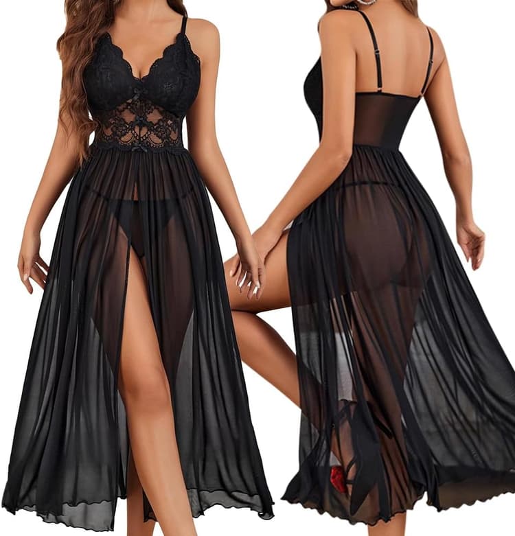 Lingerie Sexy Femme Babydoll en Dentelle et Tulle Transparent avec Décolleté en V Corset Fendu sur Le Côté Nuisette Longue Séduisante