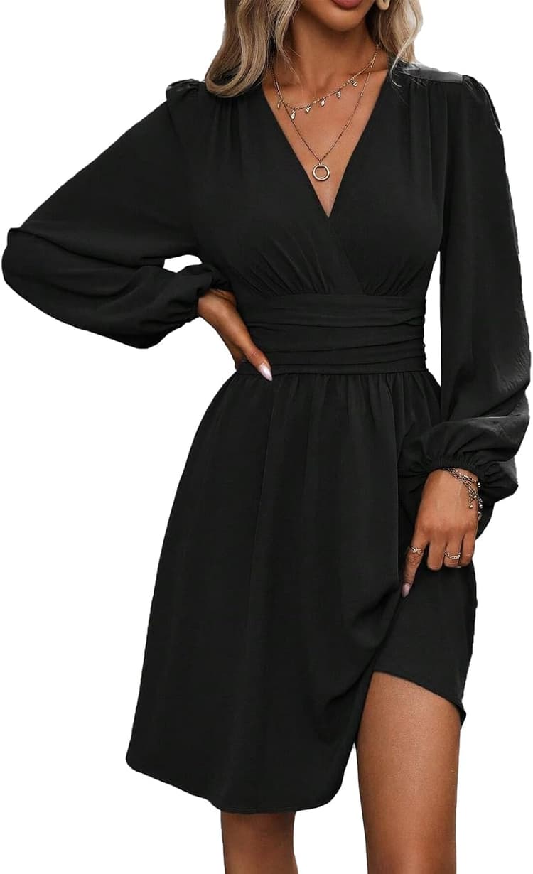 Mini Robe Femme Manches Longues/Manches Courtes Col V Chic et Elegant Robes Manches Lanternes D'été et Hiver A-Line Casual Robe Casual pour Fête Noël Mariage