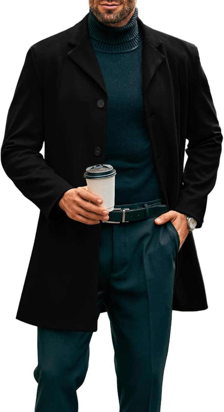 Runcati Manteau long pour homme - Coupe ajustée - Col côtelé - Veste d'hiver à boutonnage simple - Survêtement d'affaires