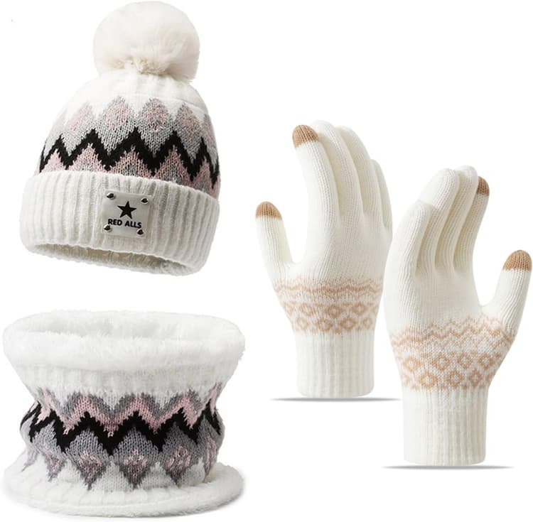 Bonnet Hiver Chapeau Écharpe Gants Ensemble, Echarpe Femme Hiver, Pompon Pour Bonnet, Femme Ensemble Chauds d'hiver 3en1, Cache Cou, Cadeaux de Noël Anniversaire pour Femmes