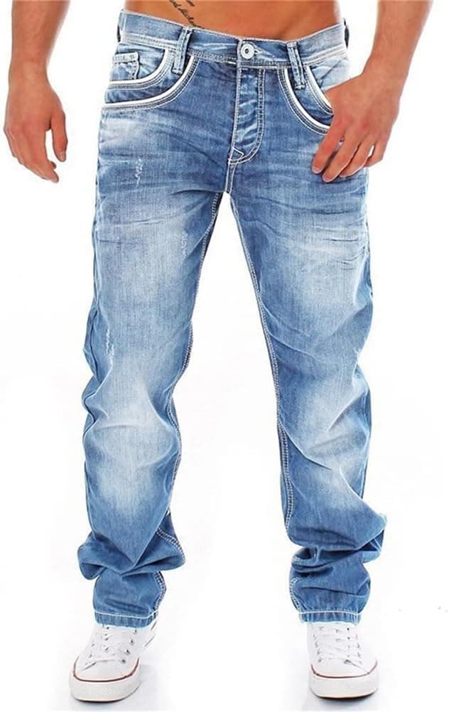 ORANDESIGNE Jeans Coupe Droite pour Hommes Jeans Stretch Coupe Slim Pantalon de Travail Couleur Pure Basique Décontracté Pantalons en Denim