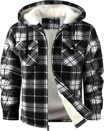 SCODI Men's Flannel Shirt Jacket Fleece Sherpa Lined Plaid Jackets Coat Full Zip Up Hoodie Winter Outwear