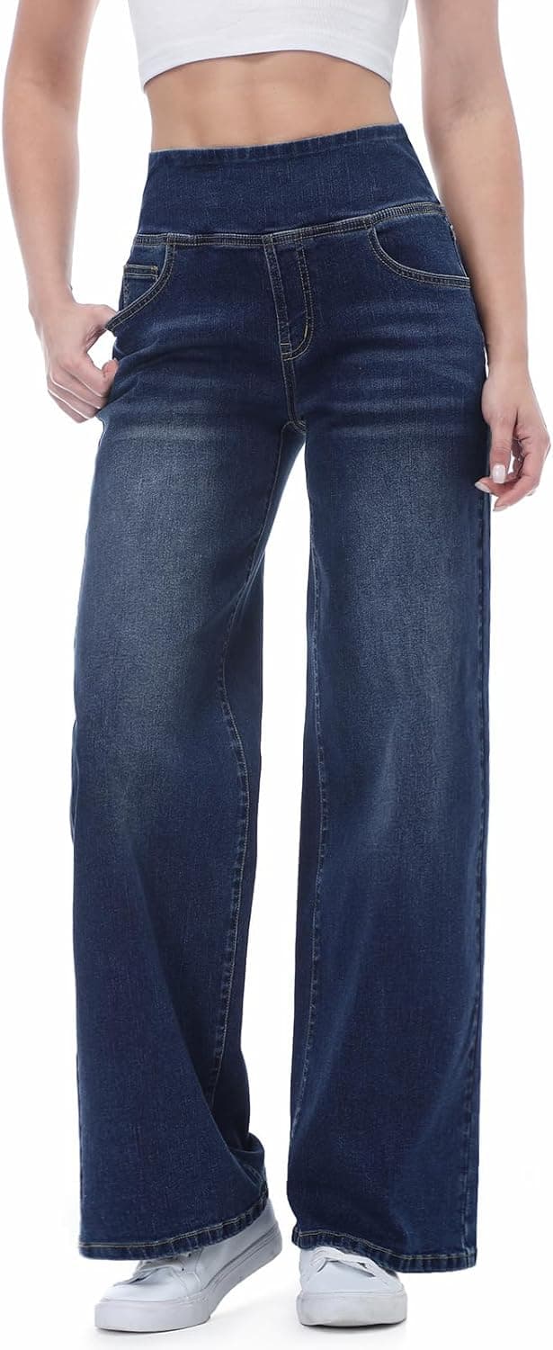 Jean Femme,Taille Haute Coupe Droite Straight Jeans,Mode Baggy Jambes Jean,Taille Elastique Large Pantalon Femme
