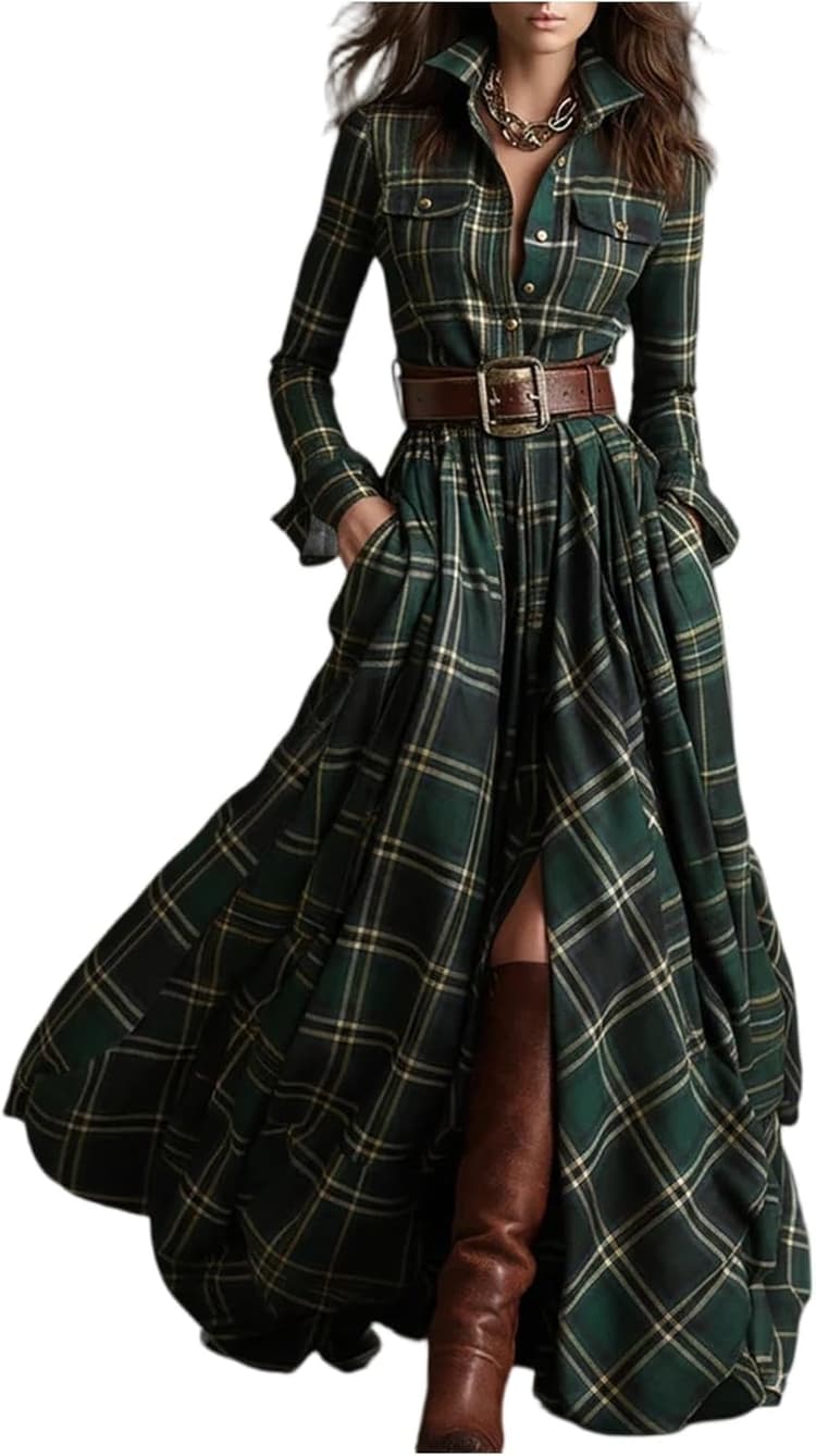 Robe tartan pour femme, robe chemise à carreaux à manches longues, robe longue boutonnée avec ceinture, ourlet asymétrique, robe mi-longue, décontractée, vintage, bohème, col en V, robe de vacances à