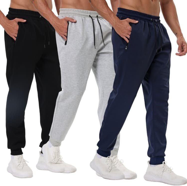 Lot de 3 pantalons de survêtement athlétiques pour homme avec poches zippées, pantalon de jogging pour homme