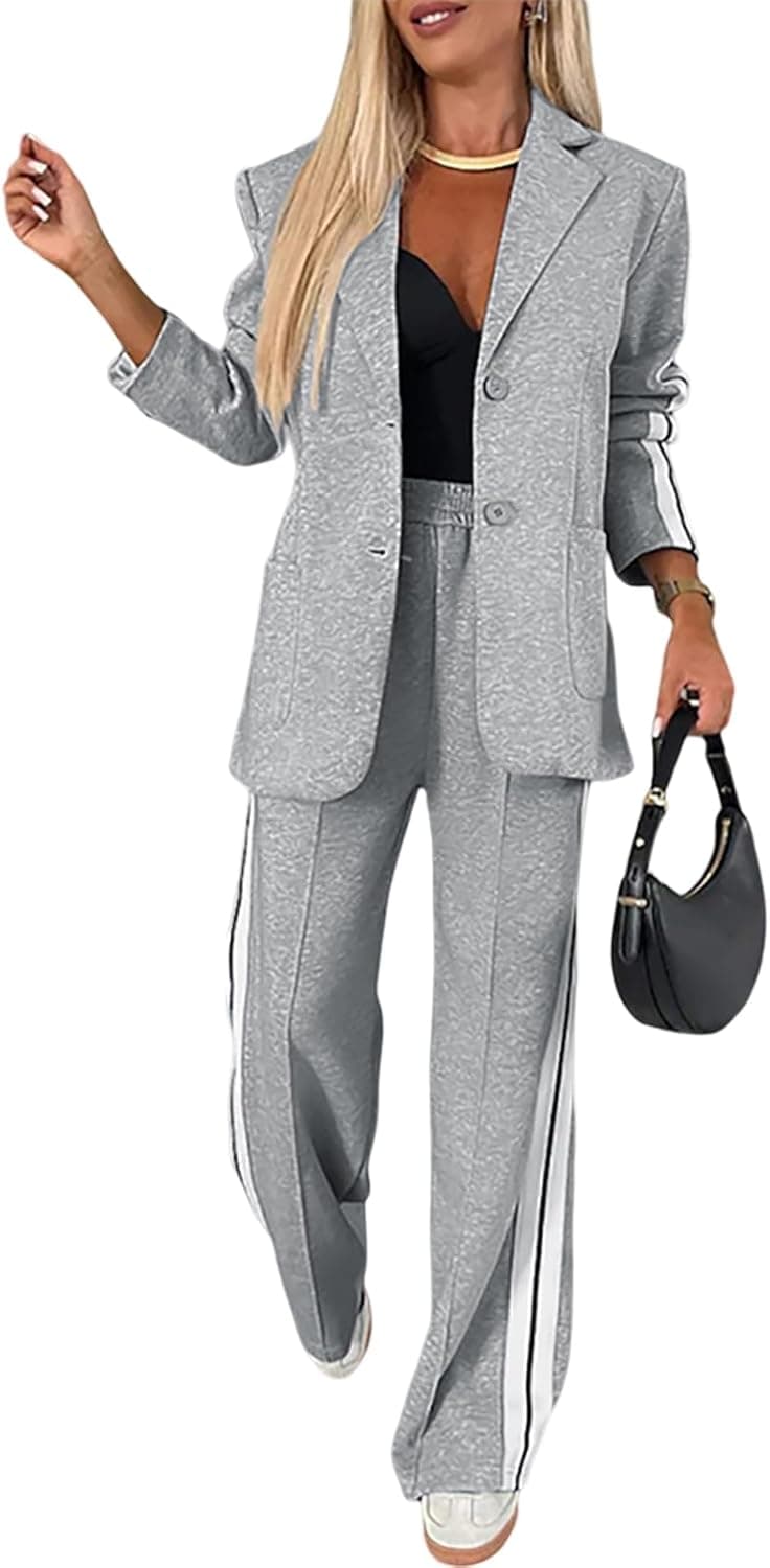 CHICME Womens Two Piece Outfits Striped Side Button Blazer and Pants with Pockets Sets Business Casual Pant Suits Set