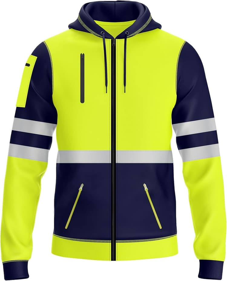 NOROZE Sweat à Capuche Homme Haute Visibilité avec Bandes Réfléchissantes, Sweat Zippé Sécurité avec Poches Zippées, Vêtement de Travail Durable et Confortable, Disponible S à XXL