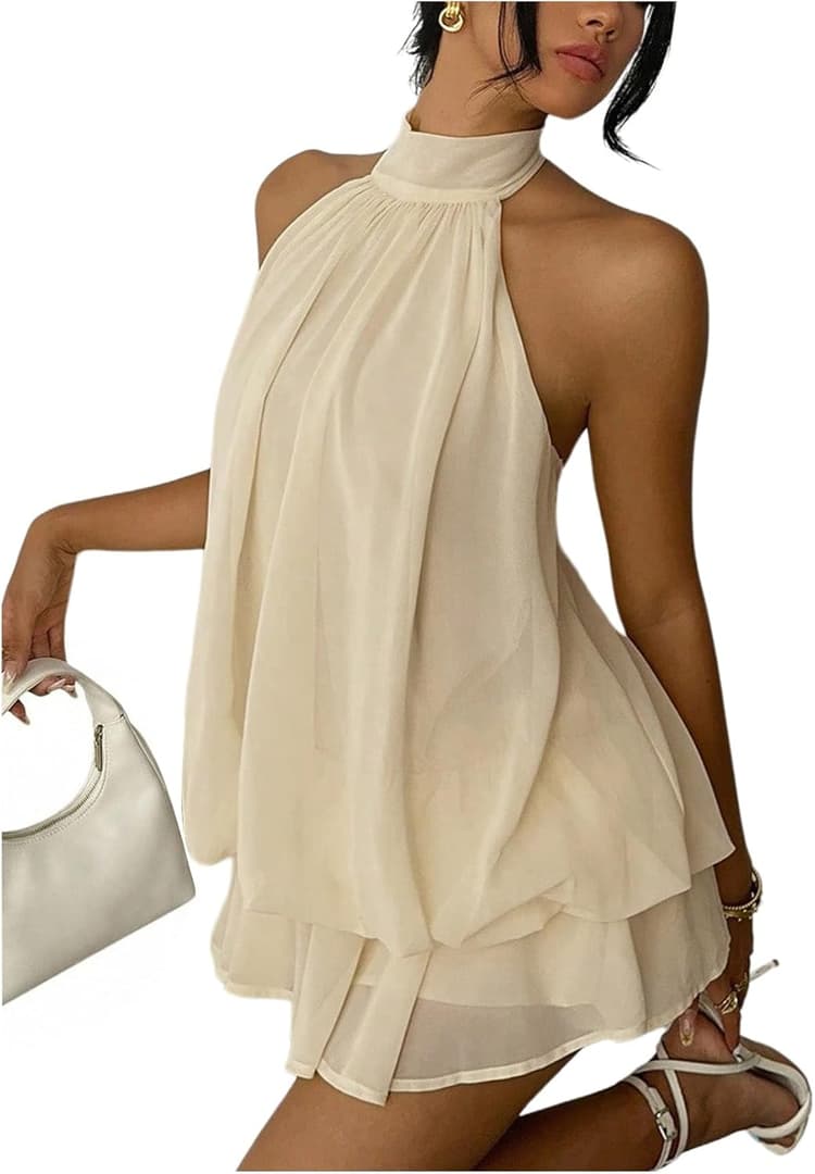 Verdusa Women's Chiffon Halter Drop Waist Wedding Guest Dresses Ruffle Summer Mini Dress Brunch Outfits