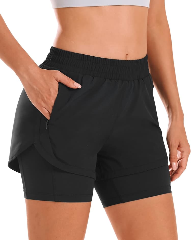 Stelle Women 2 in 1 Running Shorts High Waisted Athletic Shorts Gym Workout Shorts with Liner Zipper Pockets