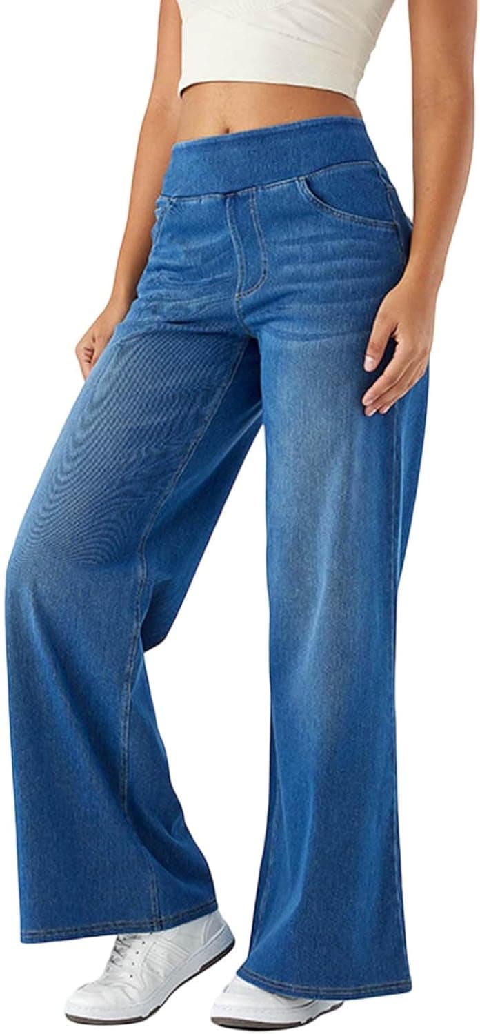 Pantalon décontracté élégant pour femme – Jean large à enfiler taille haute extensible baggy jambe droite pour un confort quotidien