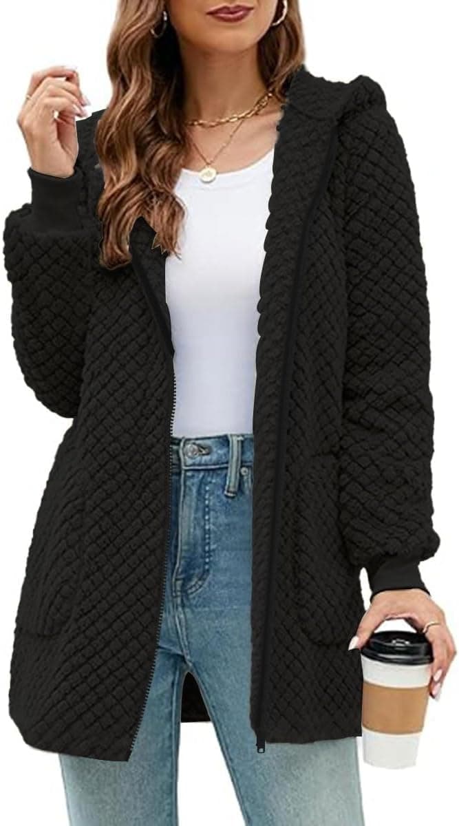 ABINGOO Veste Polaire à Capuche Femme Manteau Longue Peluche Doux avec Poches Cardigan Décontracté Pelucheux Zippé pour Automne Hiver