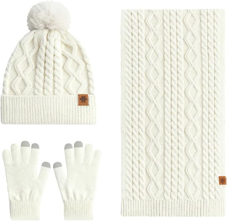 Ensemble Bonnet Echarpe Gant Femme, Bonnet Hiver Femmes, Thermique Gants Tactiles, Longue Écharpe, Gants Hiver Femmes, 3 en 1 Ensemble Bonnet Echarpe Femme pour Temps Froid
