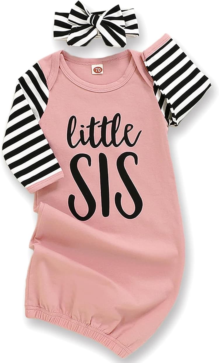 AMAWMW Newborn Baby Girl Little Sister Sleeper Gown Stripe Long Sleeve Nightgown Pajamas Gifts Stuff Essential Outfit