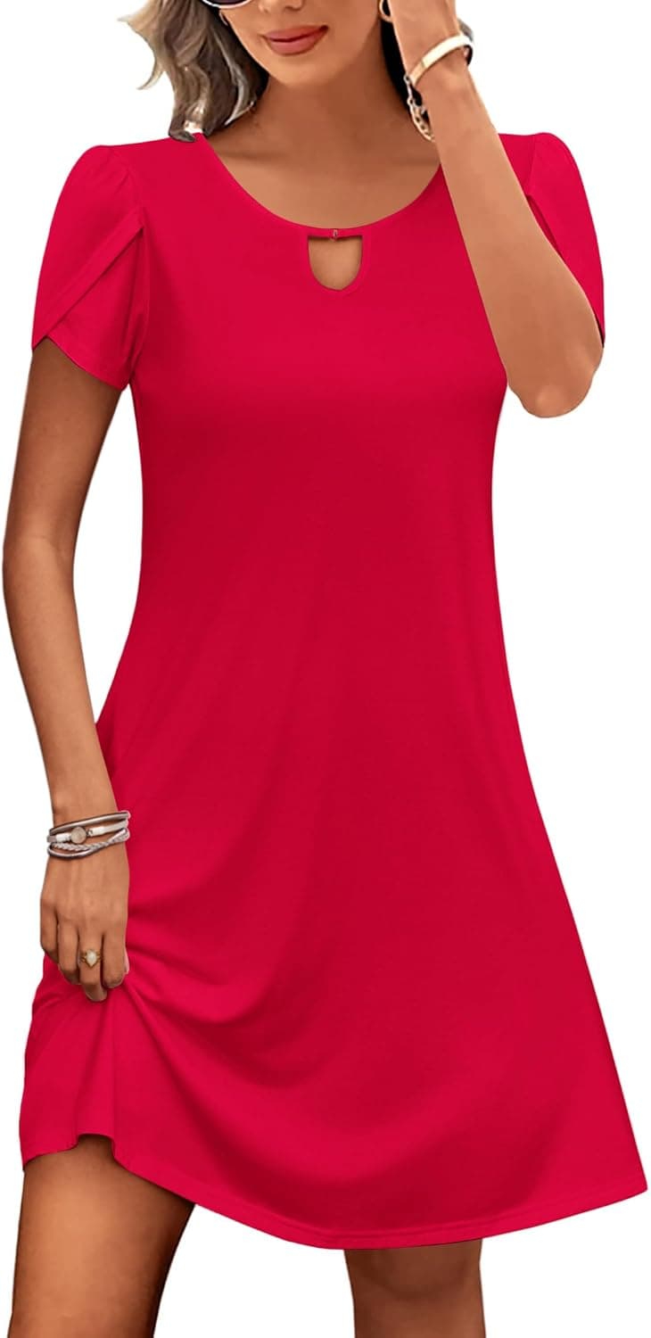 Zeagoo Robe Femme Ete Manches Courtes Robe Décontractée Col Rond Mi Longue Tunique Robe avec Poches S-XXL