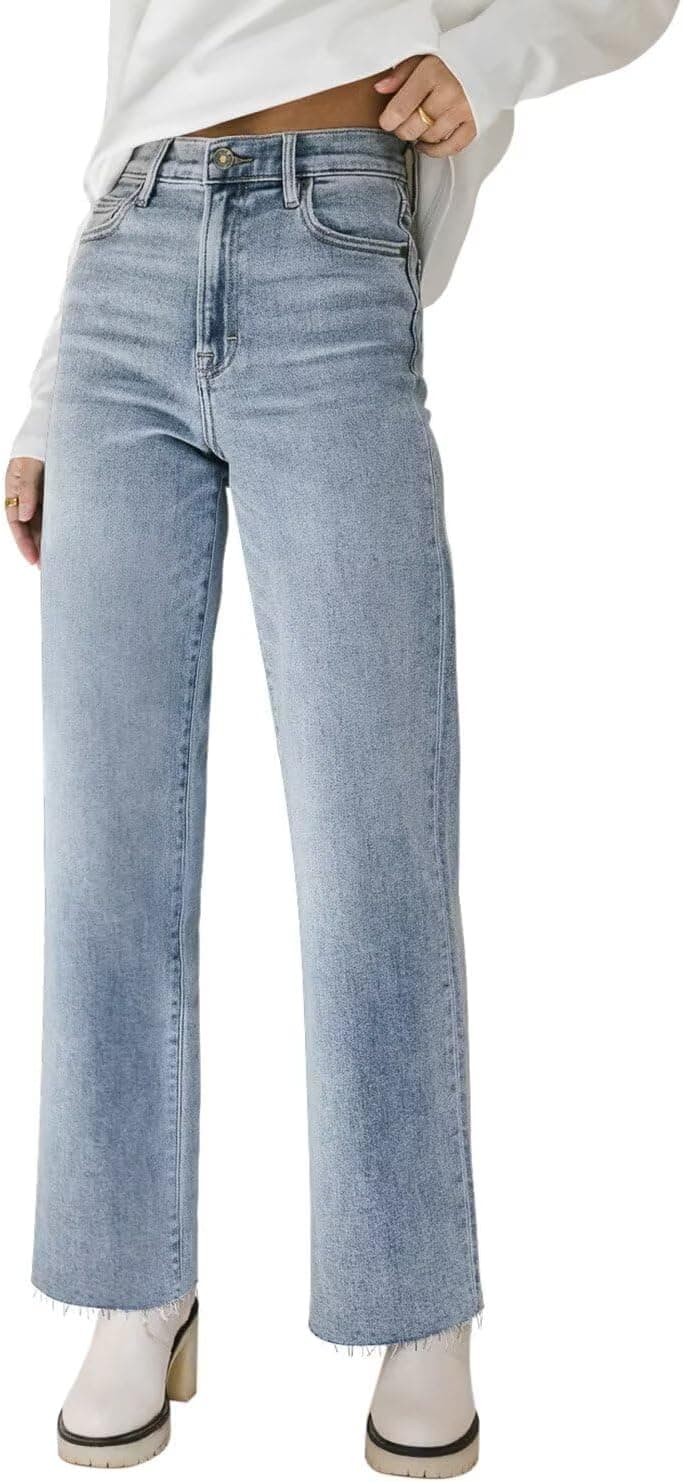 KDF Straight Leg Jeans for Women High Waisted Jeans Frayed Baggy Pants Raw Hem Loose Stretchy Cropped Wide Leg Jeans
