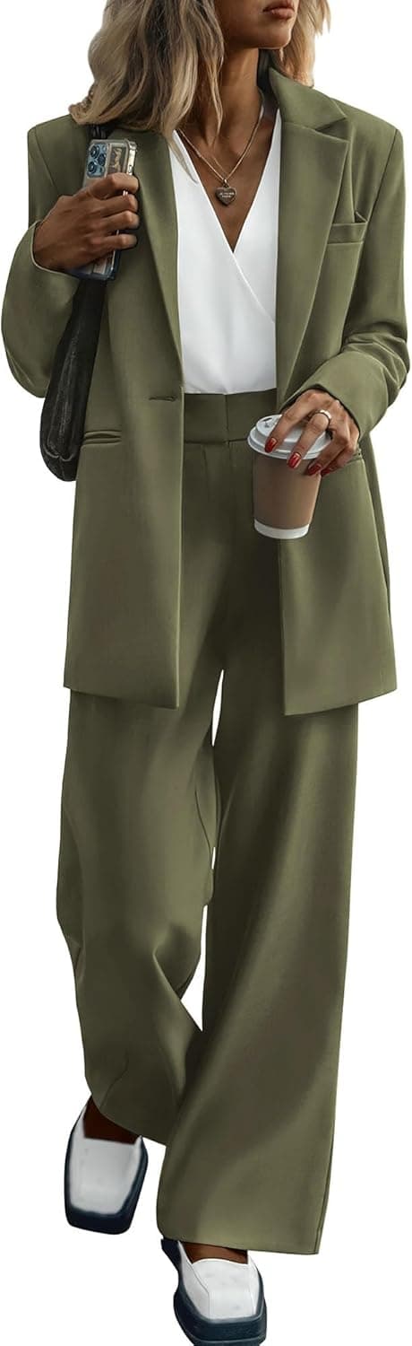 KIRUNDO Women Suits 2 Piece Set Business Casual Dressy Oversized Blazer Jacket and Wide Leg Dress Pantsuits Formal Outfits