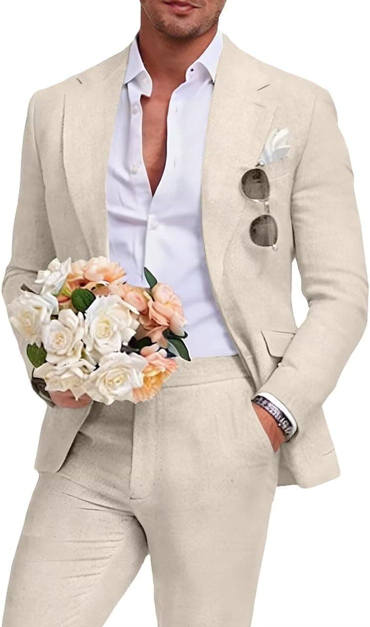 Beige Men's Linen Suit 2 Piece Slim Fit Summer Beach Wedding Dress Prom Party Suit Blazer Jacket and Pants