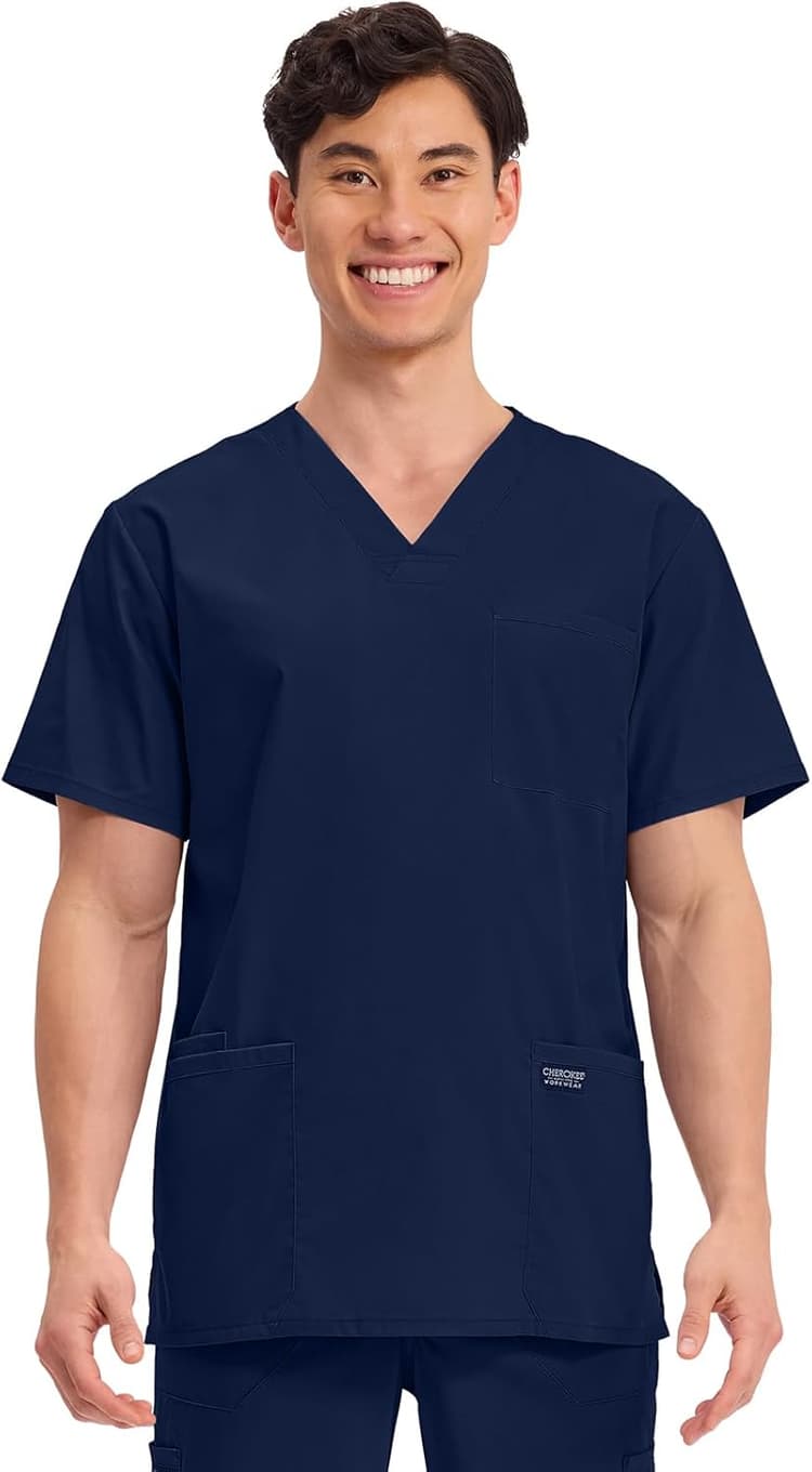 Cherokee Men's V-Neck Top Traditional fit with 4 Pockets, Ultra Soft, Durable, Fade Resistant, 2-Way Stretch Fabric - WW695