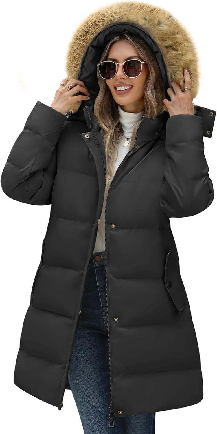 Yuson Girl Manteau Femme Hiver Chaud Veste à Capuche Long Polaire Chic Doudoune Parka Manche Longue Elegant Blouson Avec Fourrure Capuche Épais Rembourré Manteaux avec Poches en Zippé