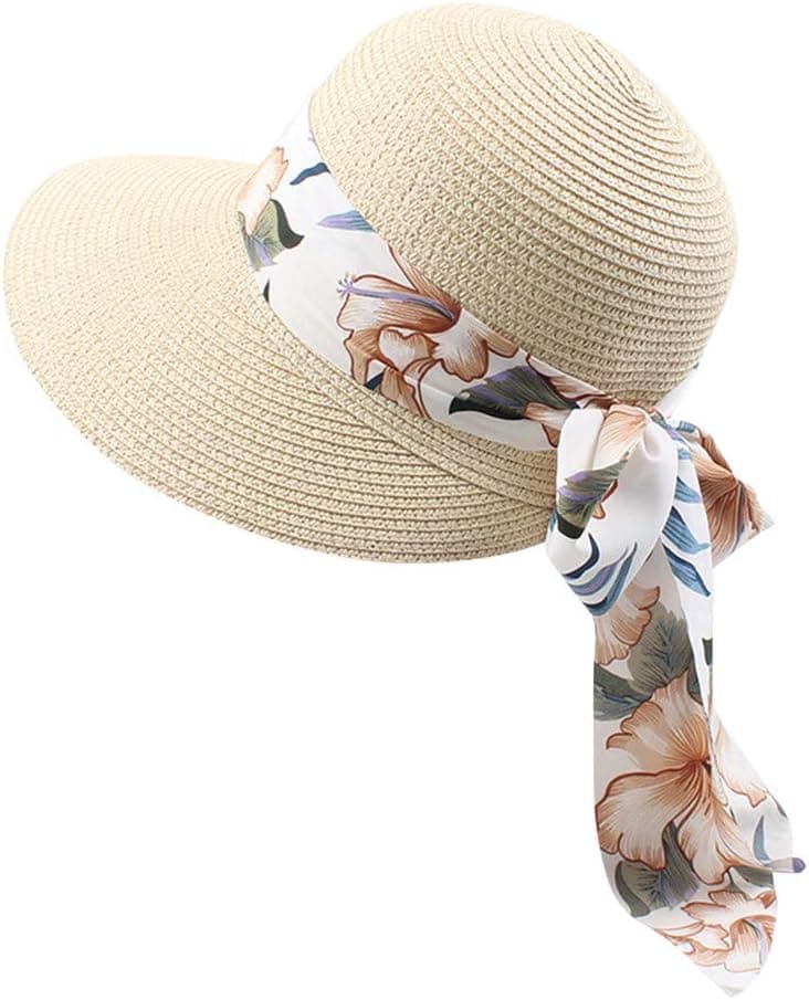 KUKICAT Femme Casquette Visière en Paille Large Bord Chapeau de Soleil Plage Anti-UV Soleil Capeline avec Ruban Florales Eté Sun Hat Sport pour Voyage Vacances Pêche