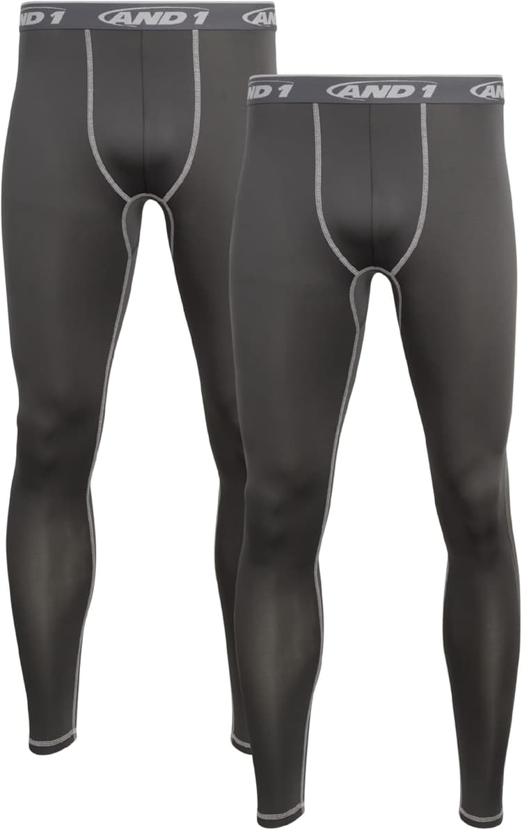 AND1 Mens Baselayer Pants - 2 Pack Athletic Compression Tights for Men, Performance Base Layer Pants for Gym & Sports
