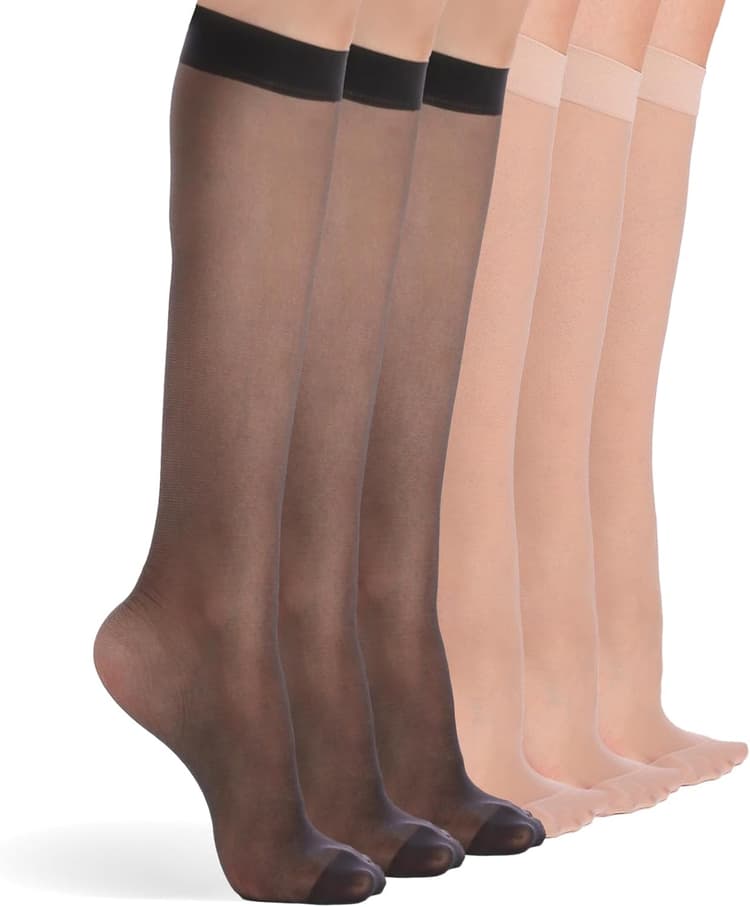 6 Pairs Knee High Stockings for Women, Elastic Fine Sheer Socks with Reinforced Toes 20 Denier Nylon One Size